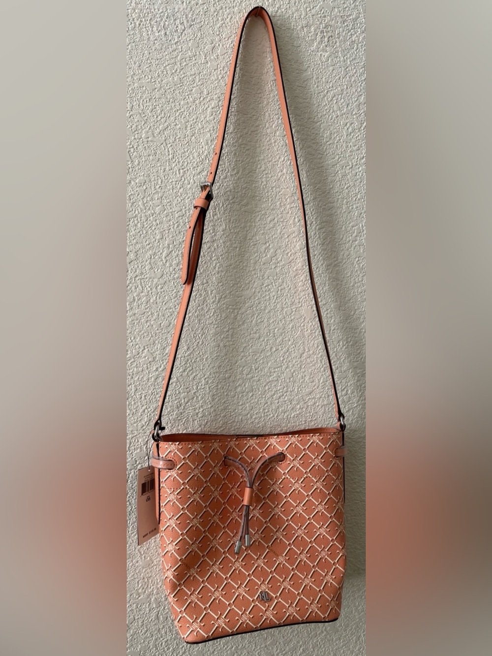 Lauren Ralph Lauren Spring D2 Coral Tan Logo Crossbody Bucket Bag
